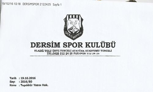Dersimspor'dan Kulübümüze Teşekkür 